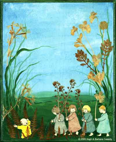 Looking for Baby Sarah is an acryllic painting on wood with real
dried flowers and grasses attached to the art. The scene is outdoors in 
a grassy meadow with a clear blue sky. On the left, partially hidden in the grass
is little baby Sarah with out stretched arms. On the right, four little
girls are walking towards Sarah, each carrying a pressed flower or grass.
The flowers are very tall, as if Sarah and the girls are little people
