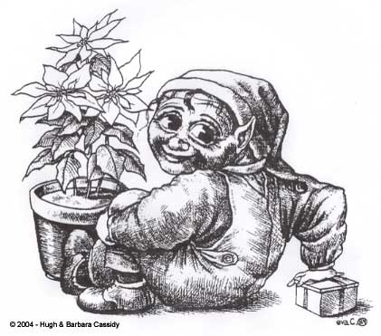 The Christmas Elf is a black and white sketch of a 
smiling Elf sitting on the ground with a poinettia plant at his feet and a wrapped
present under his right hand. The elf has hugh eyes and pointed ears. He is wearing
a long sleeved shirt, overalls, shoes, and has a big stocking cap on his head