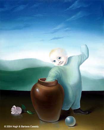 Boy with Jar painting: Picture of a young boy standing next to a
tall vase. He is reaching into the vase with his right arm. His left arm is pointed up to the sky
but he has no hand. Background is mountains and blue sky with clouds. There is a rose and a
crystal ball at the boy's feet