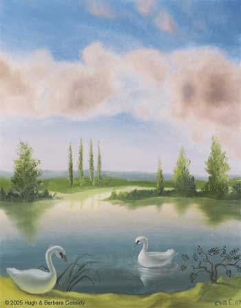 Swan Lake painting by Eva Cassidy: two white swans are pictured 
on a calm, mirror-like lake with tall trees on the distant shoreline 
and a sunny day with puffly clouds in the sky. One swan is on the lake 
and swimming towards the shoreline, the other swan is sitting on the 
grassy shoreline watching the other swan approach.